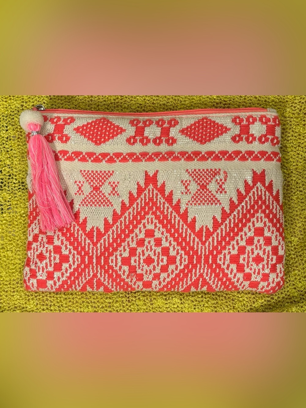 Handwoven Coral and Cream Women’s Clutch - Unbranded